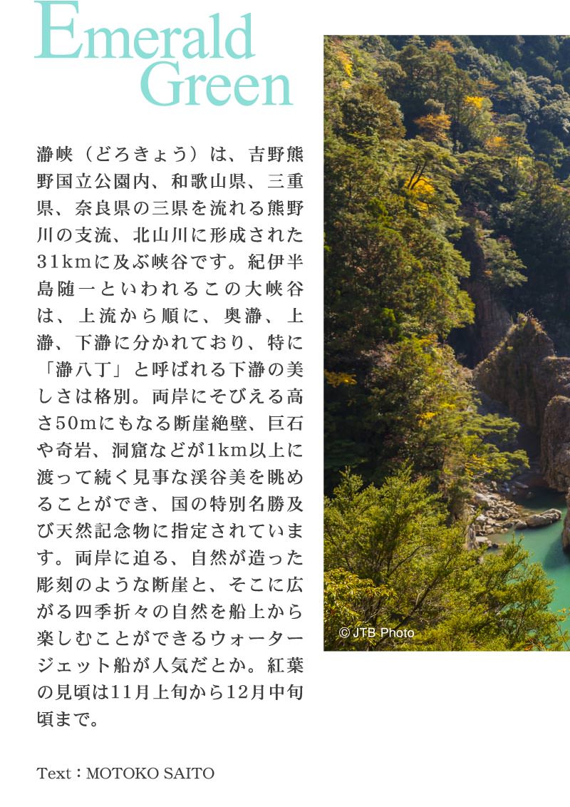 瀞峡（どろきょう）は、吉野熊野国立公園内、和歌山県、三重県、奈良県の三県を流れる熊野川の支流、北山川に形成された31kmに及ぶ峡谷です。紀伊半島随一といわれるこの大峡谷は、上流から順に、奥瀞、上瀞、下瀞に分かれており、特に「瀞八丁」と呼ばれる下瀞の美しさは格別。両岸にそびえる高さ50mにもなる断崖絶壁、巨石や奇岩、洞窟などが1km以上に渡って続く見事な渓谷美を眺めることができ、国の特別名勝及び天然記念物に指定されています。両岸に迫る、自然が造った彫刻のような断崖と、そこに広がる四季折々の自然を船上から楽しむことができるウォータージェット船が人気だとか。紅葉の見頃は11月上旬から12月中旬頃まで。